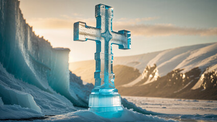 Ice sculpted cross standing majestic inside a glacier
