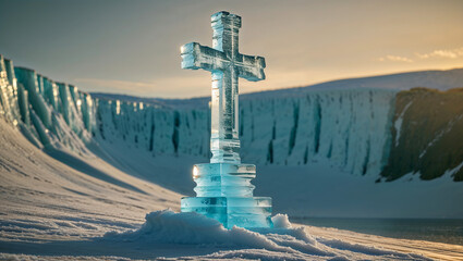 Ice sculpted cross standing majestic inside a glacier