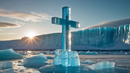 Ice sculpted cross standing majestic inside a glacier