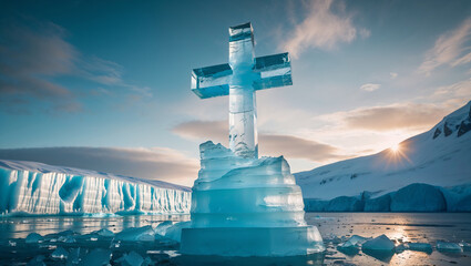 Ice sculpted cross standing majestic inside a glacier