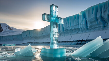 Ice sculpted cross standing majestic inside a glacier
