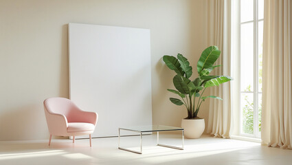 Bright and airy room with a sleek, minimalist aesthetic, featuring a blank, white, square canvas propped against a crisp, white wall, adjacent to a delicate, pastel pink armchair with slender legs and
