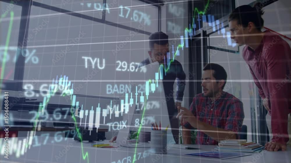 Aufkleber three workers analyzing at desk interpreting animated financial graphs emerging upon hand placement