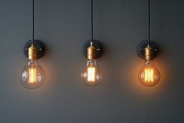 Three Edison-style light bulbs, different light intensity, mounted on a dark gray wall