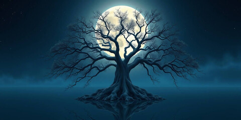 a digital artwork featuring a solitary tree with sprawling branches and roots, positioned centrally against a large, luminous full moon