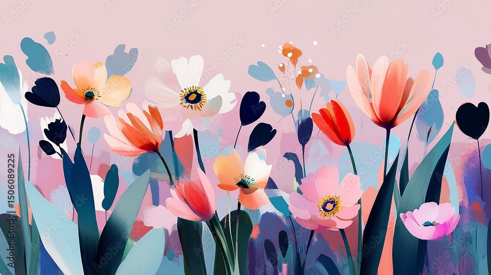 Leinwandbilder a soft pastel vector background split in half, with one side filled with elegant flowers and the oth
