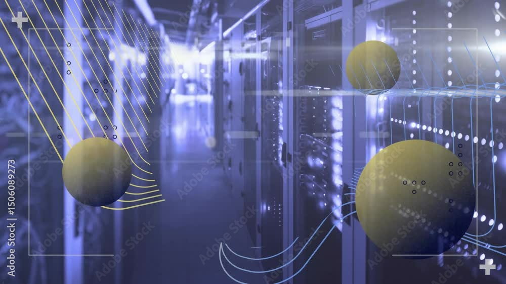 Poster server corridor opening on racks, frame appearing, spheres floating, visualizing network data