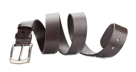 One brown leather belt isolated on white