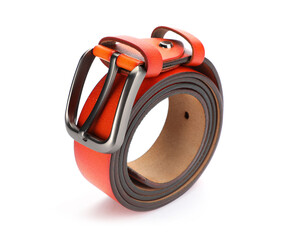 Fototapeta premium One orange leather belt isolated on white