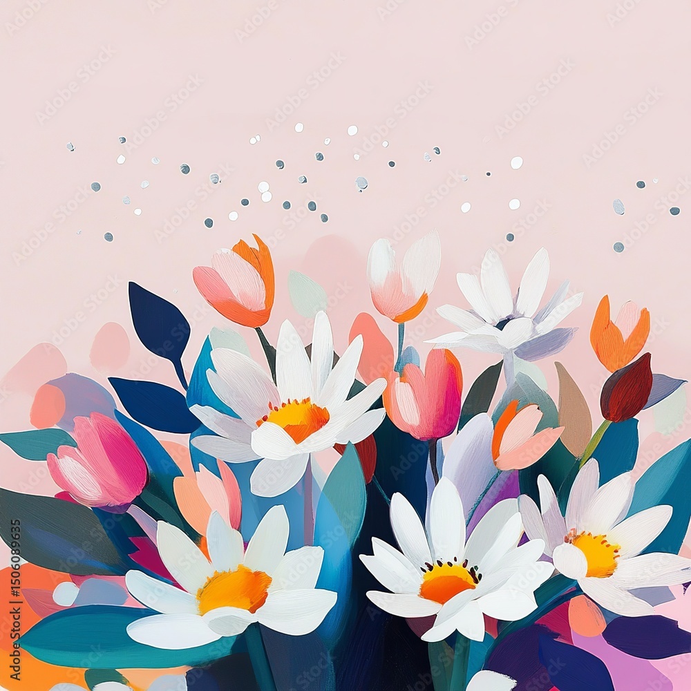 Fototapete a soft pastel vector background split in half, with one side filled with elegant flowers and the oth