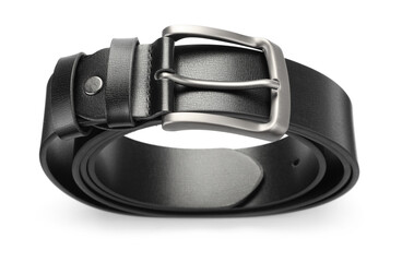One black leather belt isolated on white, above view