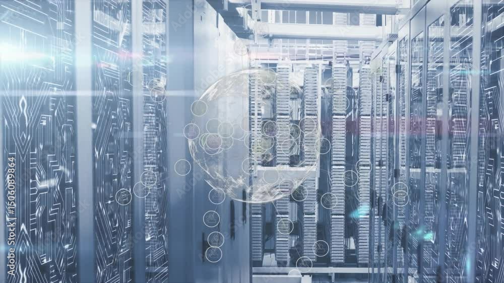 Poster data sphere fading in and rotating while pulsing bubbles offloading into server racks, showing flow