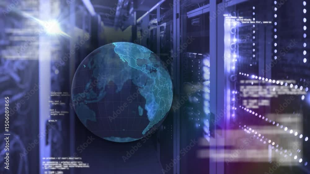 Poster At start digital globe rotating over servers with scrolling code and blinking lights for data flow