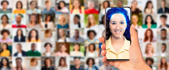 A person holds a smartphone displaying a facial recognition scan. The background features a collage of diverse faces, highlighting the impact of technology on identification processes.