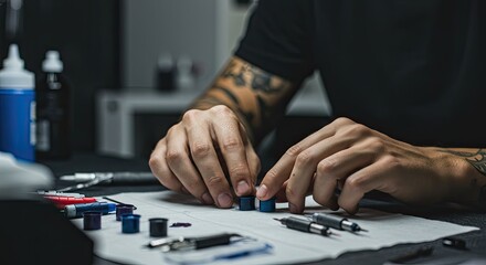 Man arranging small ink pots on a table with tattoo equipment visible hands and arm tattoos a focused work environment