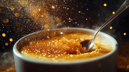 Cr&egrave;me br&ucirc;l&eacute;e with caramelized sugar crust being cracked with a spoon.