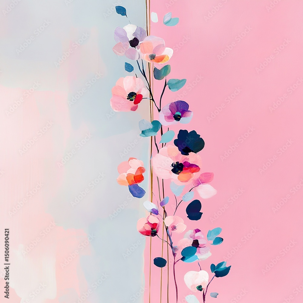 Leinwandbilder A soft pastel vector background split in half, with one side filled with elegant flowers and the other side free for text or design.
