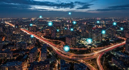 Obraz premium Cityscape connected by network at twilight