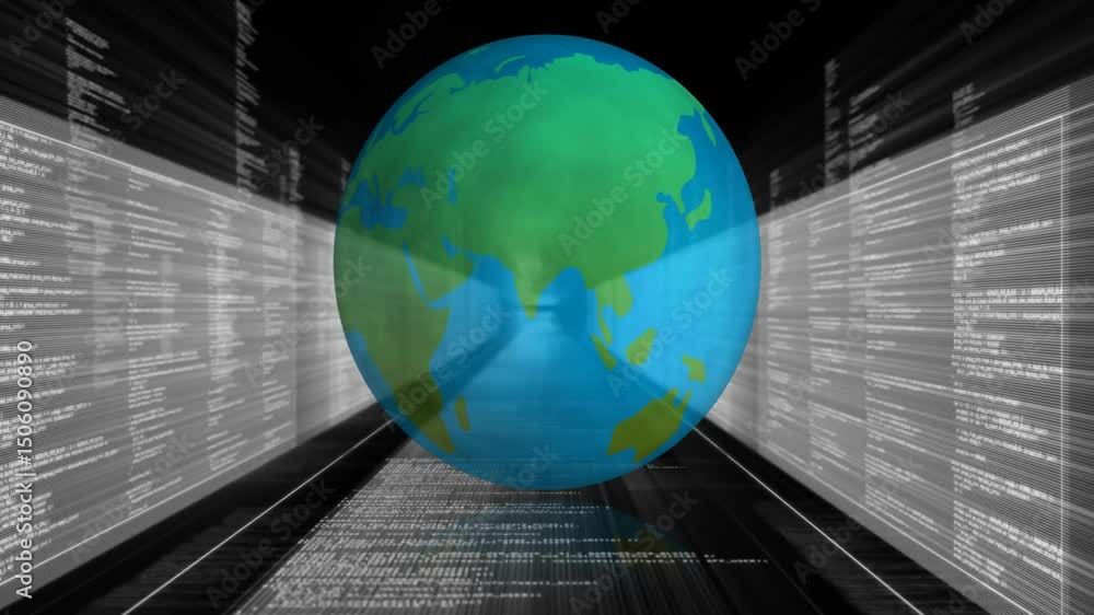 Poster code stream initiating 3d earth spinning, panels scrolling while light beams forming data tunnel