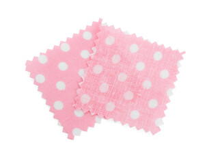 Samples of fabrics with polka dot pattern isolated on white, top view