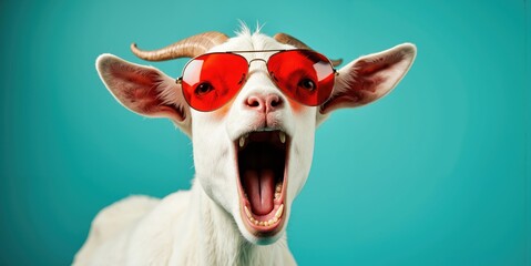 a goat wearing red sunglasses and making a funny face