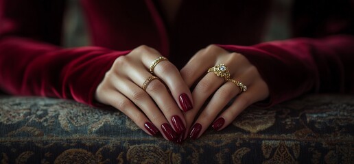 Elegant hands adorned with golden rings resting gracefully on patterned fabric