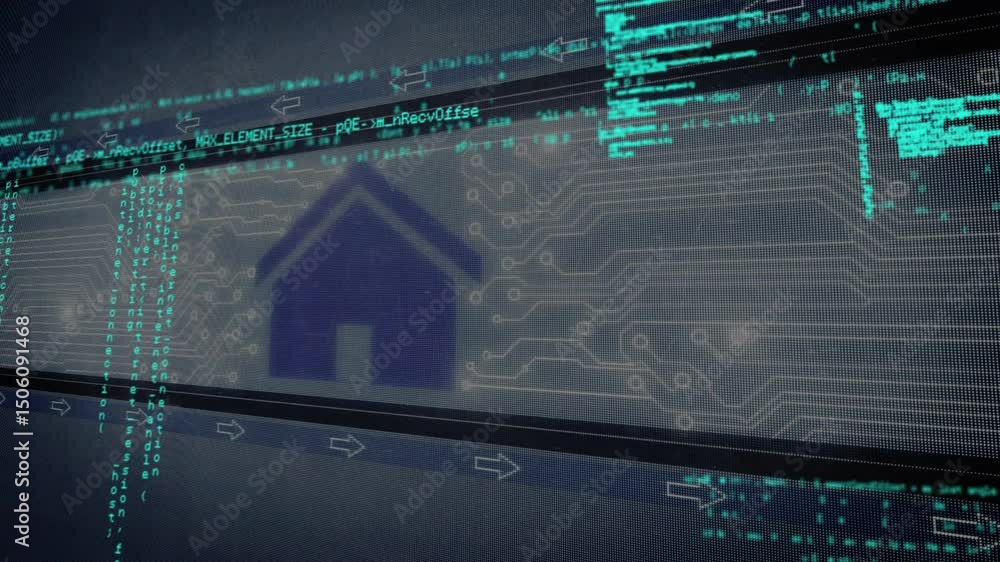 Aufkleber interface opening on dark circuitry, green code streaming over house icon for network visualization