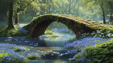 Fototapeta premium Ancient stone bridge over flowing stream in a lush forest