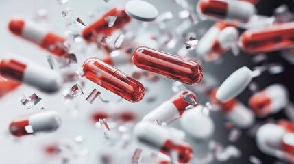 Red and white pills. Light background