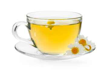 Delicious chamomile tea in glass cup and fresh flowers isolated on white