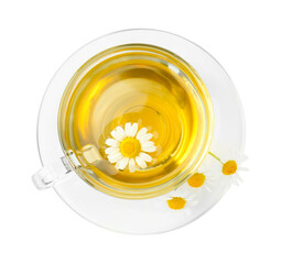 Delicious chamomile tea in glass cup and fresh flowers isolated on white, top view