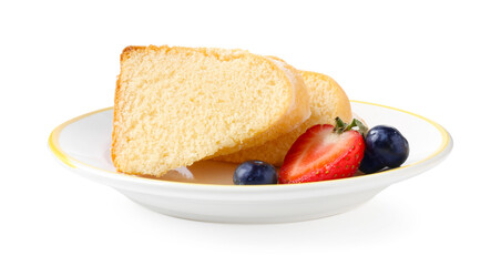 Pieces of tasty bundt cake with berries isolated on white