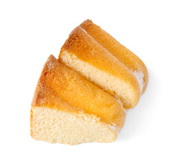 Pieces of tasty bundt cake isolated on white, above view