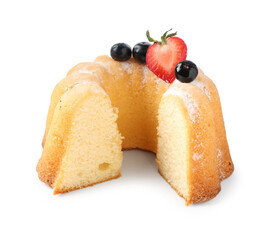 Tasty bundt cake with powdered sugar and berries isolated on white