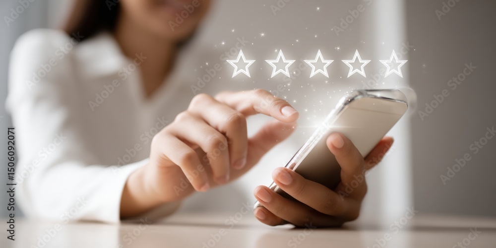 Poster user interacting with smartphone to rate service or product with star review system