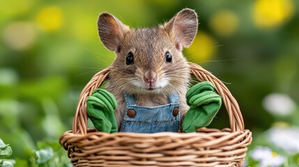 Cute small animal in basket wearing denim overalls and green gloves surrounded by vibrant garden flowers