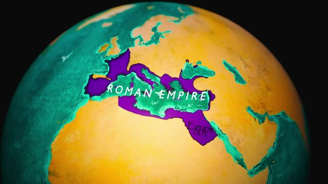 Map of the Roman Empire under Emperor Augustus 3d animation. Roman Empire boundaries around 14 AD. 3D rotating old historic world map zoom in.