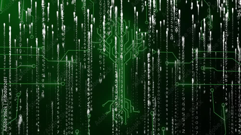 Aufkleber upon crescent glowing, circuits tracing, tree growing and numbers raining visualizing data flow
