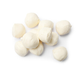 Many tasty mozzarella cheese balls isolated on white, top view