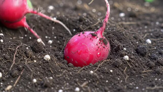 Freshly Grown Radishes Displayed In Rich Soil With Green Shoots