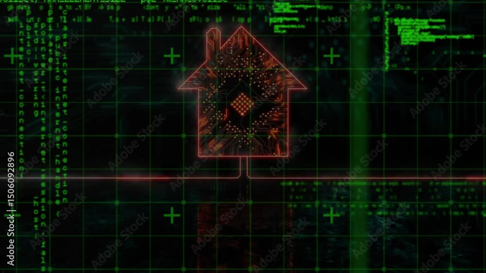 Poster green grid interface forming leading red house circuit icon pulsing code stream showing security