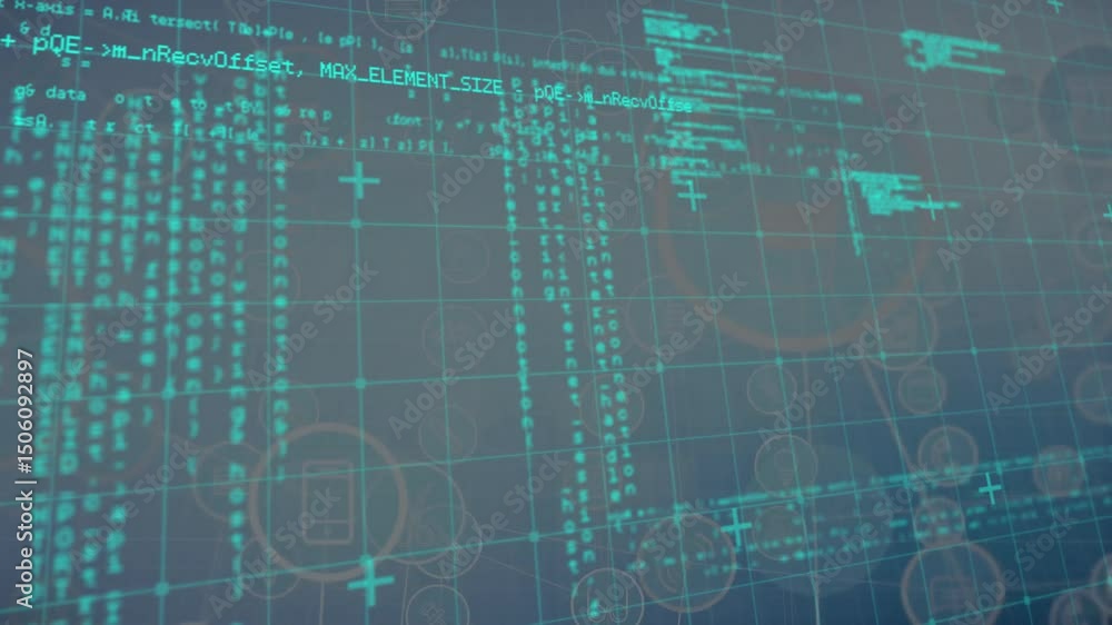 Poster after one second code appearing on turquoise grid scrolling icons fading panning visualizing data