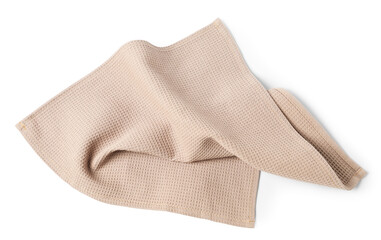 Clean beige waffle towel isolated on white, top view
