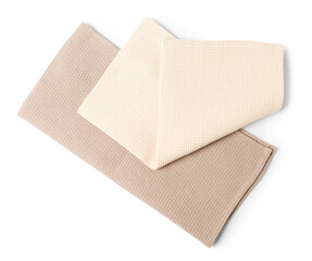 Two clean waffle towels isolated on white, top view