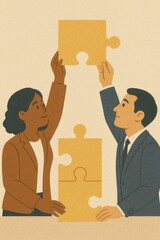 Business people joining puzzle pieces, creating teamwork solution
