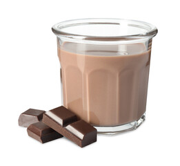 Tasty chocolate milk in glass and ingredient isolated on white