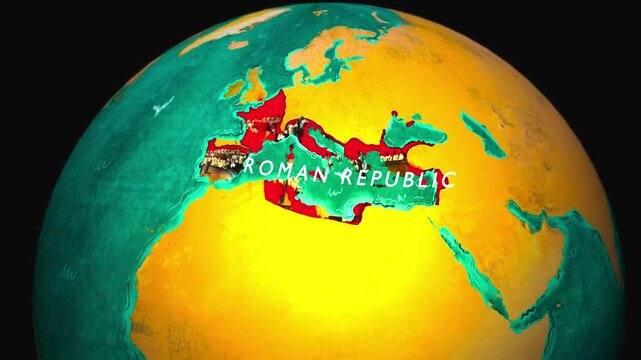 Map of the Roman Republic 3d animation. Roman Republic boundaries. 3D rotating old historic world map.