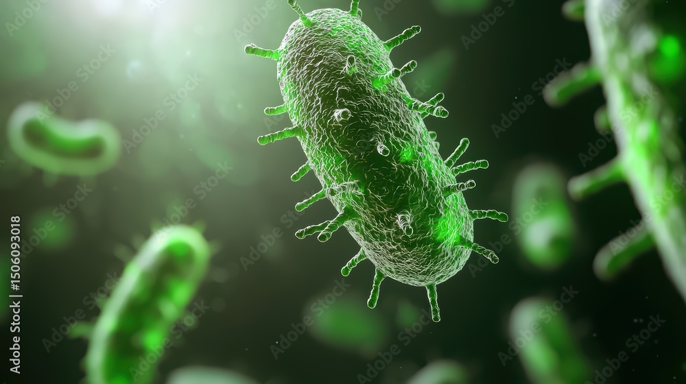 Poster close-up view of green bacteria with spikes under microscope in abstract digital environment