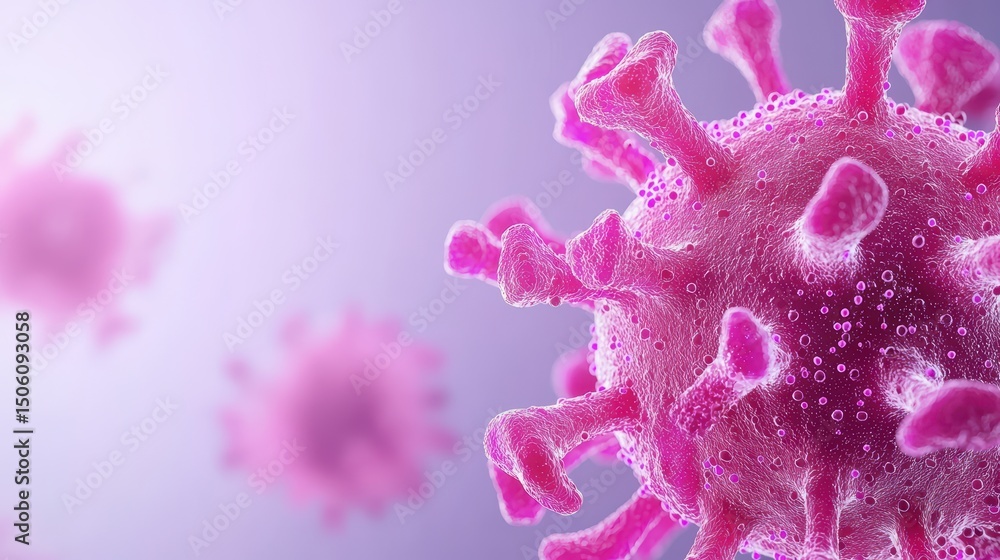 Poster close-up view of a stylized virus structure with pink color and intricate details against a soft gra
