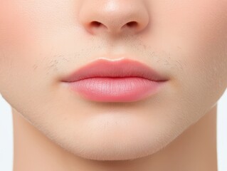 Fototapeta premium Close-up of Soft Lips with Natural Skin Texture and Subtle Facial Hair on Pale Background